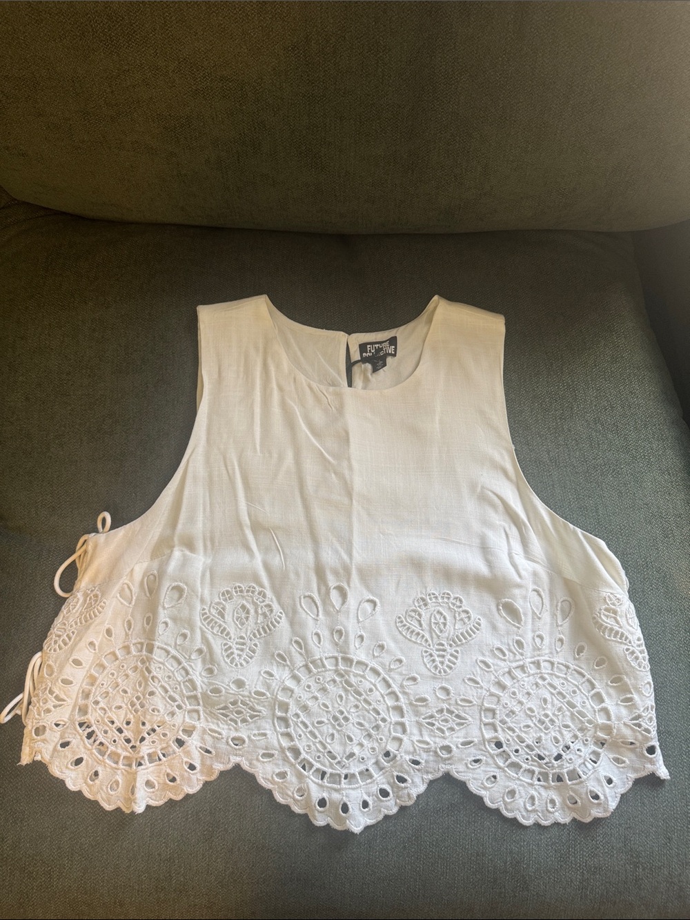 Lace Bottom White Linen Blend Embroidered Side-tie Cropped Tank